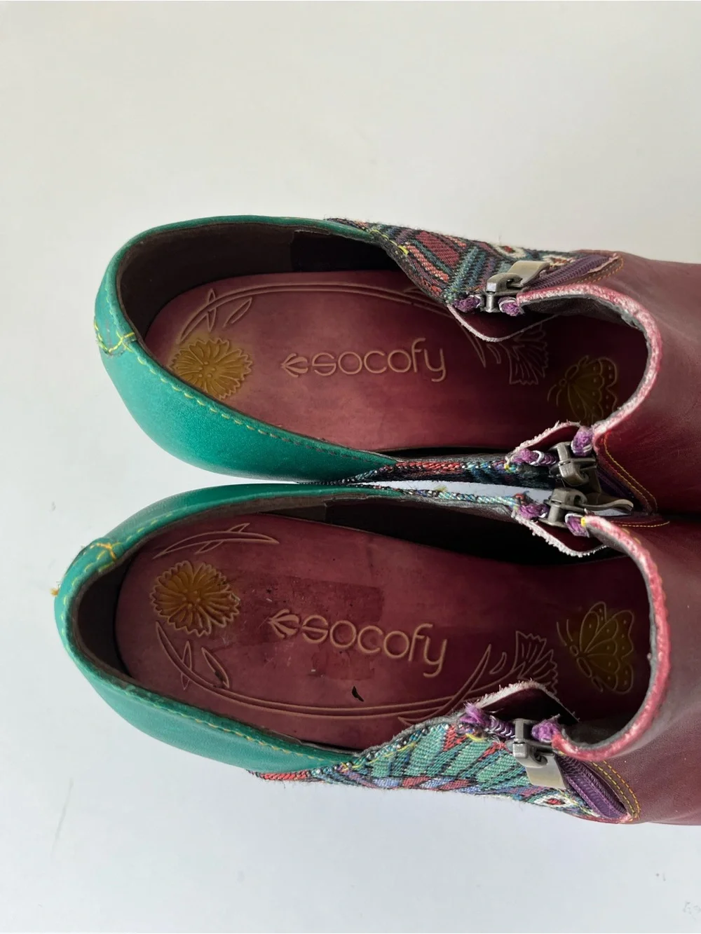 Socofy Boho Eclectic Leather Ankle Boots Booties Burgundy Turquoise Size 39
